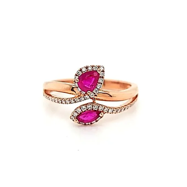 14k Rose Gold Pear Ruby and Diamond Bypass Ring Arezzo Jewelers Elmwood Park, IL