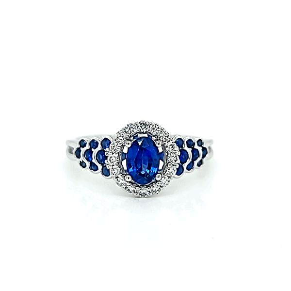 14k White Gold Sapphire and Diamond Halo Ring Arezzo Jewelers Elmwood Park, IL