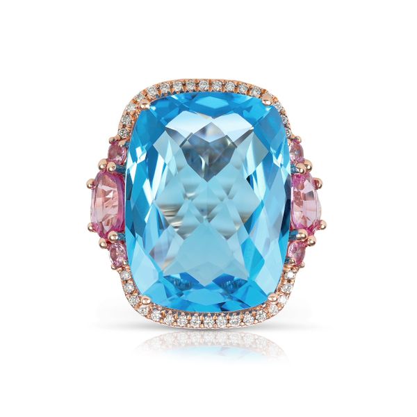 Rose Gold 14 Karat Blue Topaz, Pink Sapphire & Diamond Ring Arezzo Jewelers Elmwood Park, IL