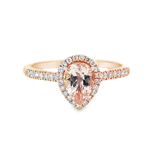 14K Rosé Gold Halo Morganite and Diamond Ring Arezzo Jewelers Elmwood Park, IL