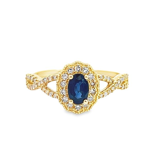 14k Yellow Gold Sapphire and Diamond Halo Ring Arezzo Jewelers Elmwood Park, IL