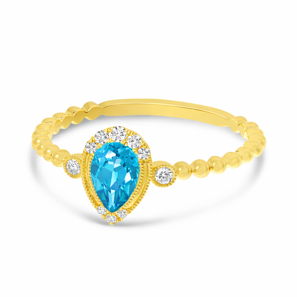 14K Yellow Gold Pear Blue Topaz and Diamond Beaded Band Semi Precious Ring Image 2 Arezzo Jewelers Elmwood Park, IL