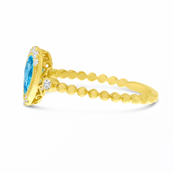 14K Yellow Gold Pear Blue Topaz and Diamond Beaded Band Semi Precious Ring Image 3 Arezzo Jewelers Elmwood Park, IL