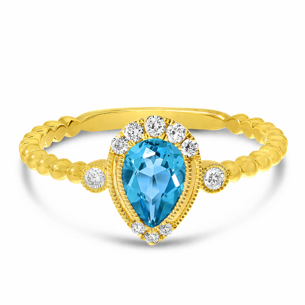 14K Yellow Gold Pear Blue Topaz and Diamond Beaded Band Semi Precious Ring Arezzo Jewelers Elmwood Park, IL