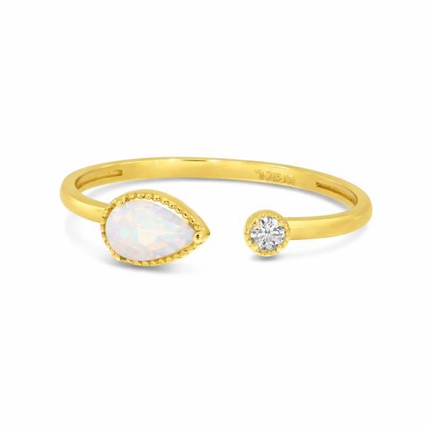 14K Yellow Gold Pear Cut Opal and Diamond Duo RIng Arezzo Jewelers Elmwood Park, IL