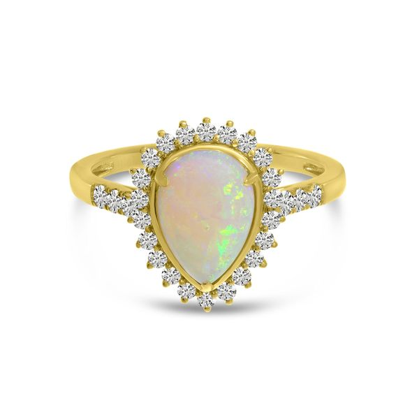 14K Yellow Gold Opal Pear Ring with Diamond Halo Arezzo Jewelers Elmwood Park, IL