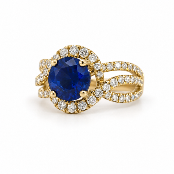 2 Ct Round Lab-Grown Blue Sapphire & Natural Diamond Ring in 14K Yellow Gold Image 2 Arezzo Jewelers Elmwood Park, IL