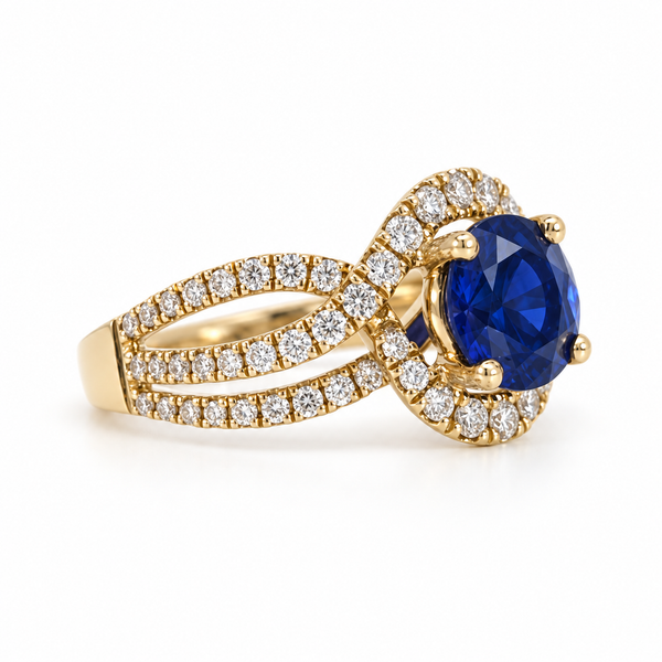 2 Ct Round Lab-Grown Blue Sapphire & Natural Diamond Ring in 14K Yellow Gold Image 3 Arezzo Jewelers Elmwood Park, IL
