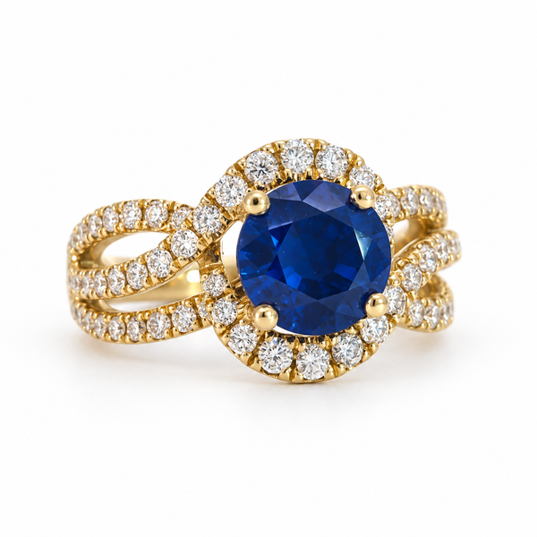 2 Ct Round Lab-Grown Blue Sapphire & Natural Diamond Ring in 14K Yellow Gold Arezzo Jewelers Elmwood Park, IL