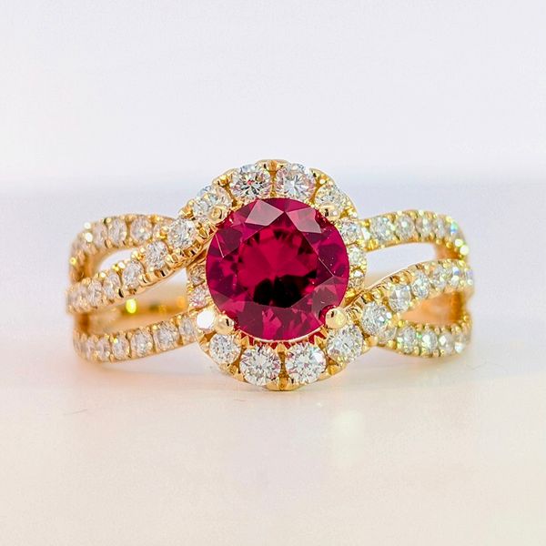 14K Yellow Gold Lab-Grown Ruby and Natural Diamond Ribbon Halo Ring Arezzo Jewelers Elmwood Park, IL