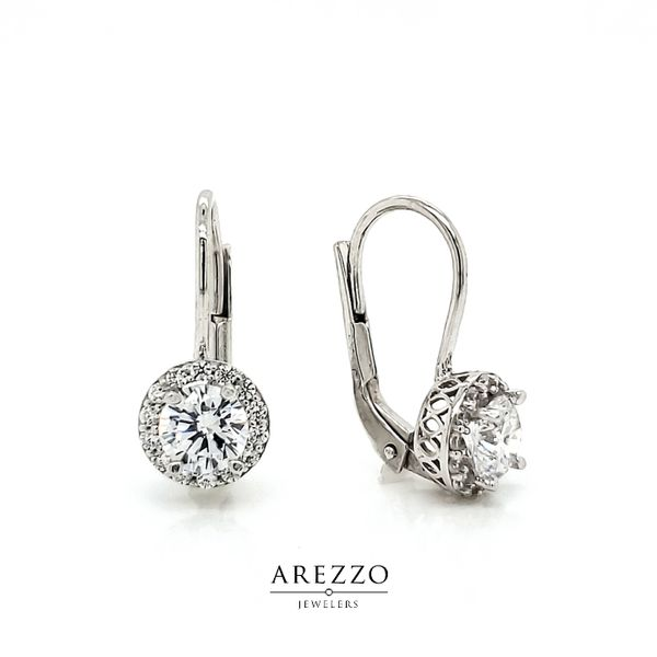 14k White Gold Round Halo CZ Leverback Earrings Arezzo Jewelers Elmwood Park, IL