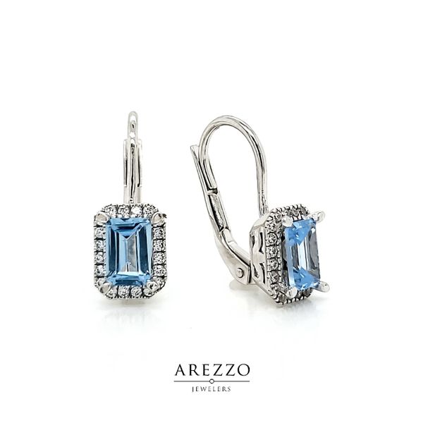 14k White Gold Light Blue Emerald Halo CZ Leverback Earrings Arezzo Jewelers Elmwood Park, IL