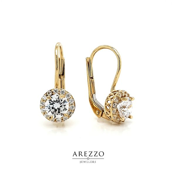 14k Yellow Gold Round Halo CZ Leverback Earrings Arezzo Jewelers Elmwood Park, IL