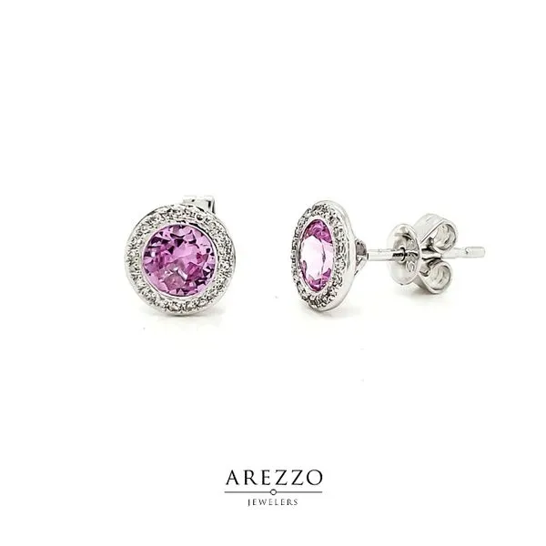 14k White Gold Diamond Halo Martini Earrings with Pink Corundum Arezzo Jewelers Elmwood Park, IL