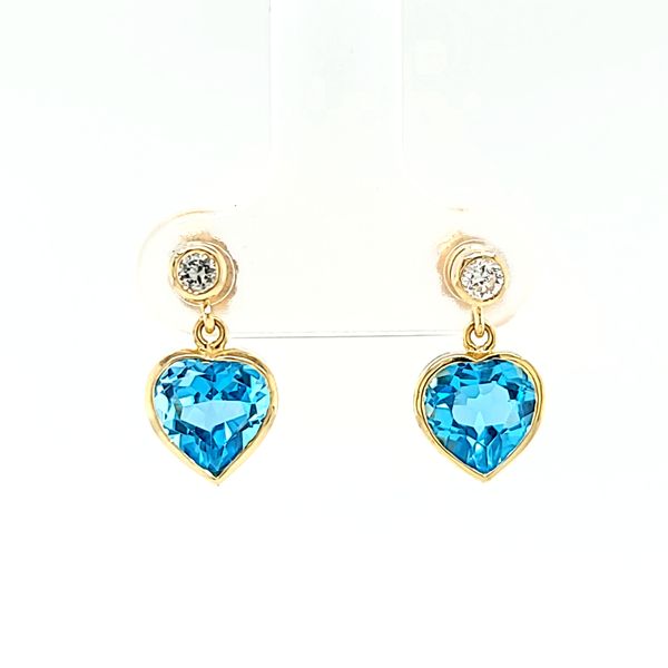Heart Shaped Blue Topaz and Diamond Earrings in 14k Yellow Gold Image 2 Arezzo Jewelers Elmwood Park, IL