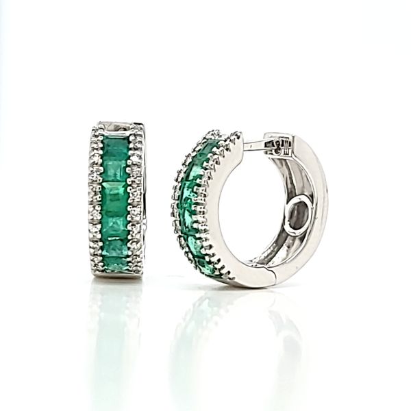 14k White Gold Diamond and Emerald Hoop Earrings Arezzo Jewelers Elmwood Park, IL