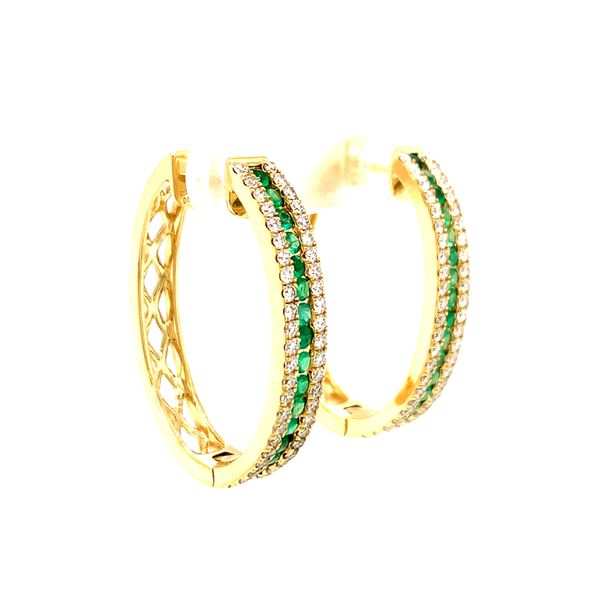 18k Yellow Gold Diamond and Emerald Hoop Earrings Image 2 Arezzo Jewelers Elmwood Park, IL