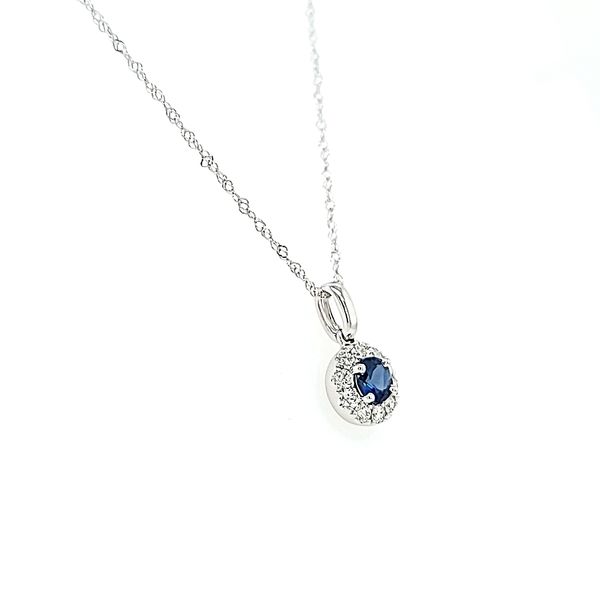 14k White Gold Diamond and Sapphire Halo Pendant Necklace Image 2 Arezzo Jewelers Elmwood Park, IL
