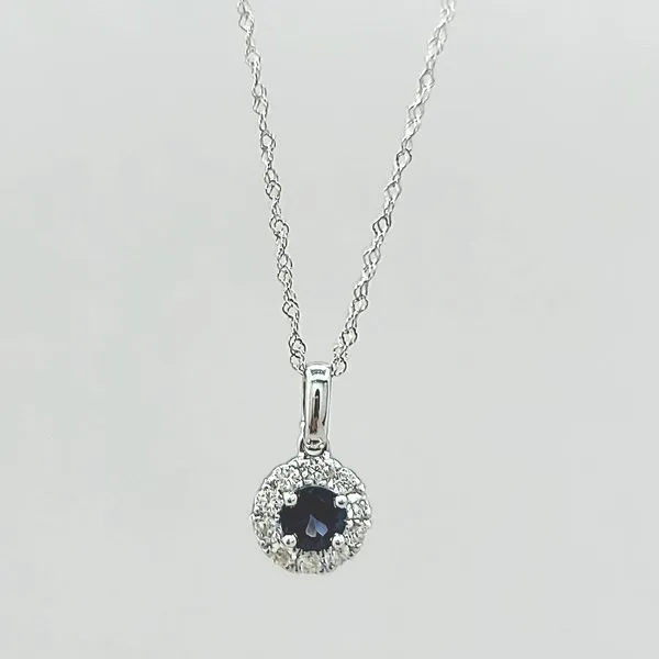 14k White Gold Diamond and Sapphire Halo Pendant Necklace Image 3 Arezzo Jewelers Elmwood Park, IL