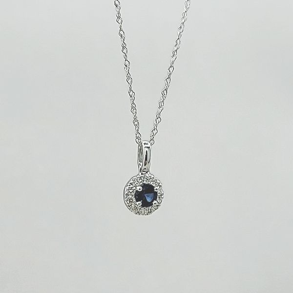 14k White Gold Diamond and Sapphire Halo Pendant Necklace Image 4 Arezzo Jewelers Elmwood Park, IL