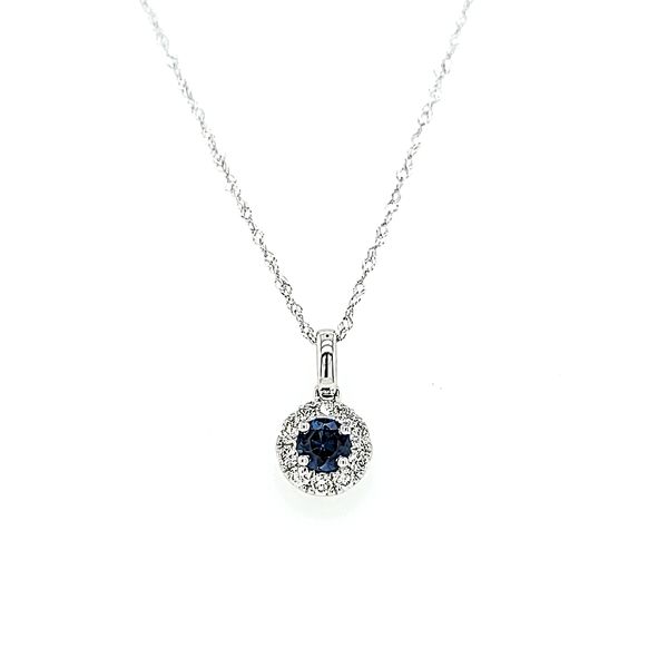 14k White Gold Diamond and Sapphire Halo Pendant Necklace Arezzo Jewelers Elmwood Park, IL