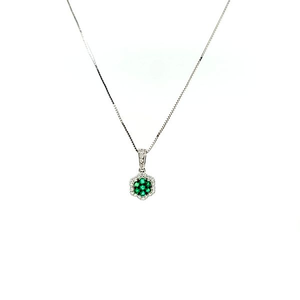 Emerald and Diamond Halo Pendant in 14k White Gold Arezzo Jewelers Elmwood Park, IL