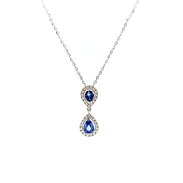 18k White Gold Two Stone Sapphire Necklace with Diamond Halo Arezzo Jewelers Elmwood Park, IL