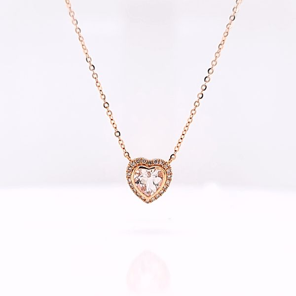 18k Rose Gold Heart Shaped Morganite Necklace with Diamond Halo Arezzo Jewelers Elmwood Park, IL