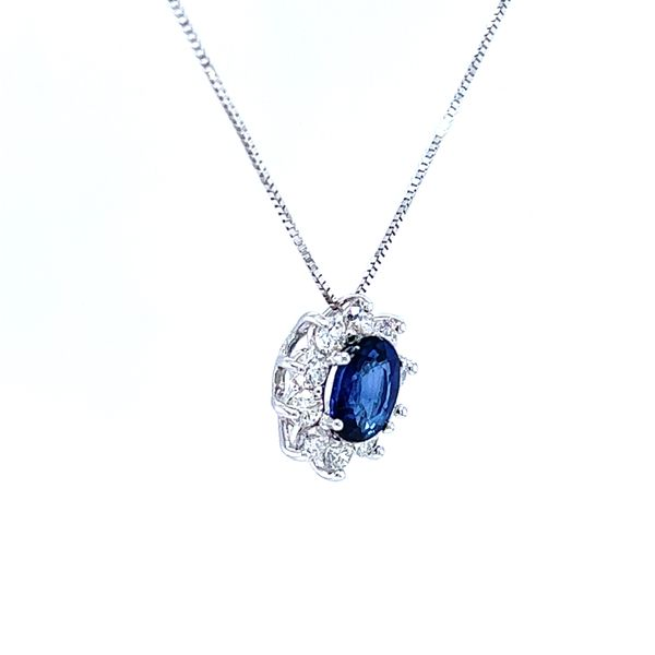 18k White Gold Oval Sapphire Diamond Halo Pendant Image 2 Arezzo Jewelers Elmwood Park, IL