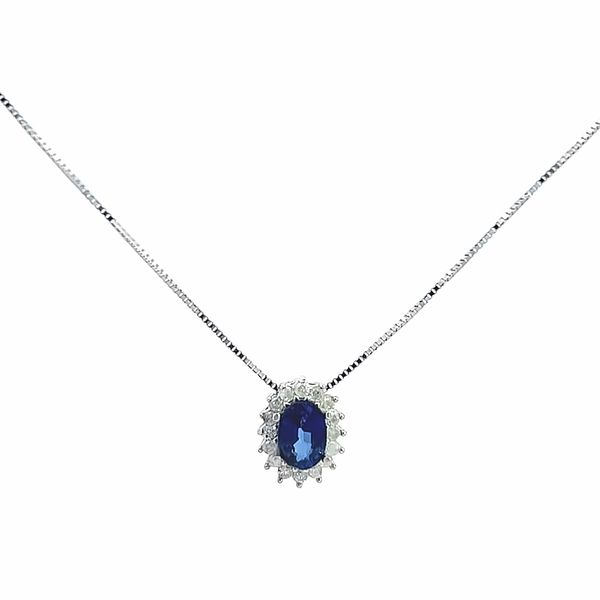 18K White Gold Oval Sapphire and Diamond Halo Pendant Necklace - Italian Craftsmanship Arezzo Jewelers Elmwood Park, IL