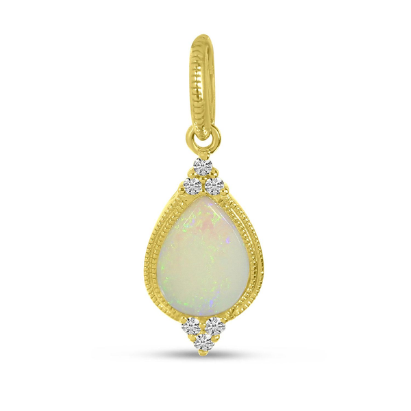 14K Yellow Gold Pear Opal and Diamond Necklace Pendant - 16