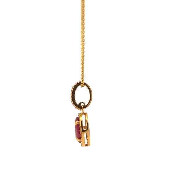 Oval Red Ruby and Diamond Halo Pendant Necklace — Yellow Gold Image 2 Arezzo Jewelers Elmwood Park, IL