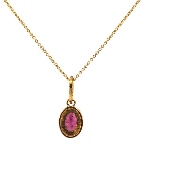 Oval Red Ruby and Diamond Halo Pendant Necklace — Yellow Gold Image 3 Arezzo Jewelers Elmwood Park, IL