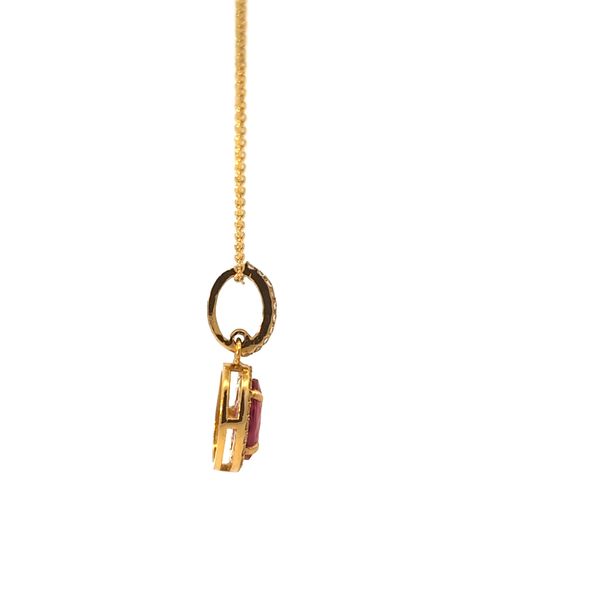 Oval Red Ruby and Diamond Halo Pendant Necklace — Yellow Gold Image 4 Arezzo Jewelers Elmwood Park, IL