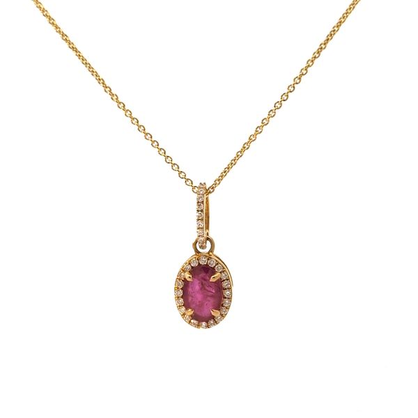 Oval Red Ruby and Diamond Halo Pendant Necklace — Yellow Gold Arezzo Jewelers Elmwood Park, IL