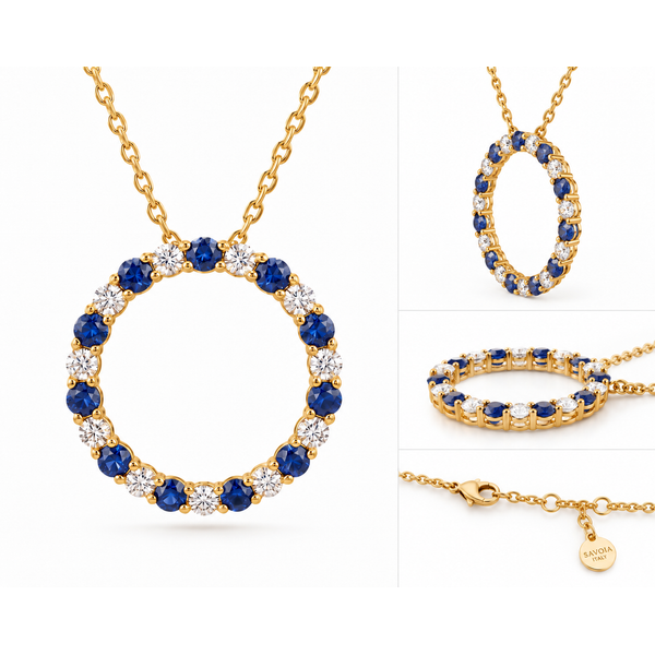 18K Yellow Gold Natural Blue Sapphire & Natural Diamond Circle Pendant Necklace Image 2 Arezzo Jewelers Elmwood Park, IL