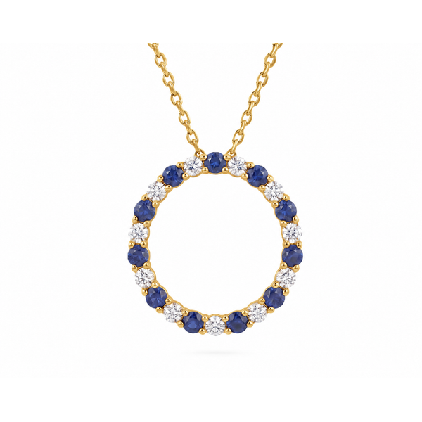 18K Yellow Gold Natural Blue Sapphire & Natural Diamond Circle Pendant Necklace Arezzo Jewelers Elmwood Park, IL