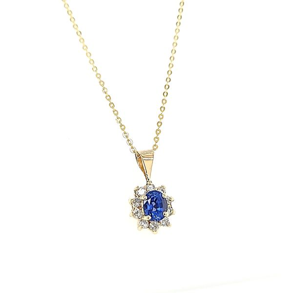 Classic Diamond and Sapphire Halo Halo Necklace in Yellow Gold Image 2 Arezzo Jewelers Elmwood Park, IL
