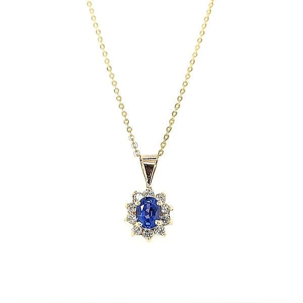 Classic Diamond and Sapphire Halo Halo Necklace in Yellow Gold Arezzo Jewelers Elmwood Park, IL
