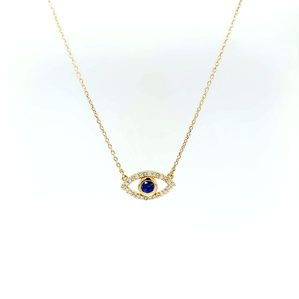 Evil Eye Necklace with Blue Sapphire and Diamonds in 14k Yellow Gold Image 2 Arezzo Jewelers Elmwood Park, IL