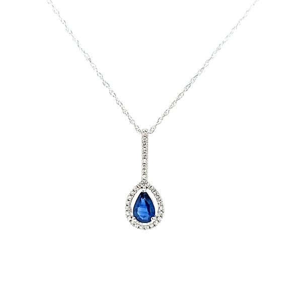 14k White Gold Pear Sapphire and Diamond Halo Necklace Arezzo Jewelers Elmwood Park, IL