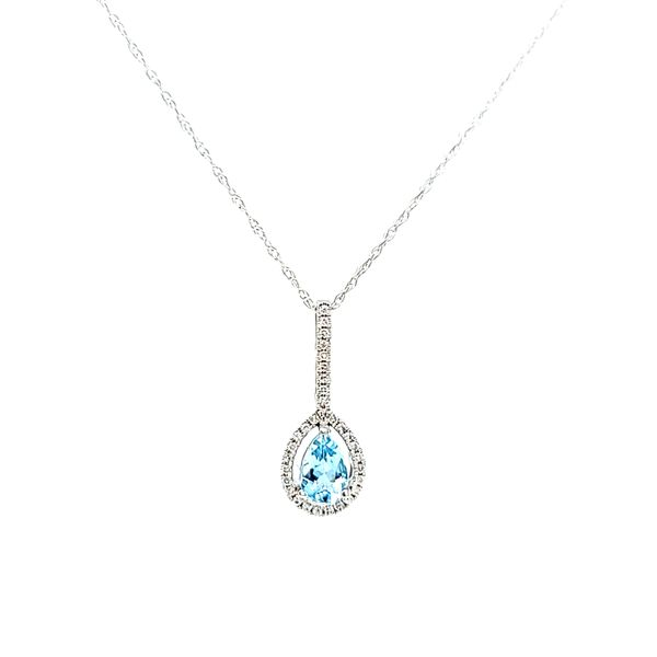 14k White Gold Pear Aquamarine and Diamond Halo Necklace Image 2 Arezzo Jewelers Elmwood Park, IL