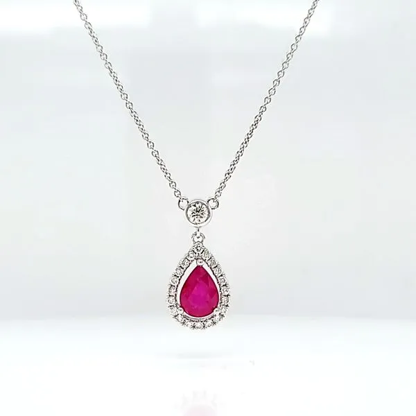 14k White Gold Pear Shape Ruby Diamond Halo Necklace Image 2 Arezzo Jewelers Elmwood Park, IL