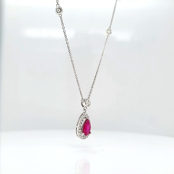 14k White Gold Pear Shape Ruby Diamond Halo Necklace Image 3 Arezzo Jewelers Elmwood Park, IL