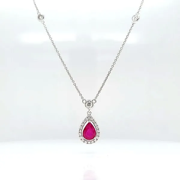 14k White Gold Pear Shape Ruby Diamond Halo Necklace Arezzo Jewelers Elmwood Park, IL