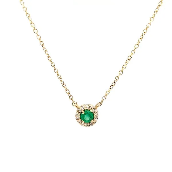 14k Yellow Gold Round Emerald and Diamond Halo Necklace Arezzo Jewelers Elmwood Park, IL