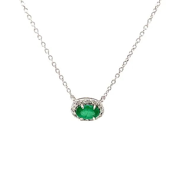 14k White Gold Emerald and Diamond Oval Halo Necklace. Arezzo Jewelers Elmwood Park, IL