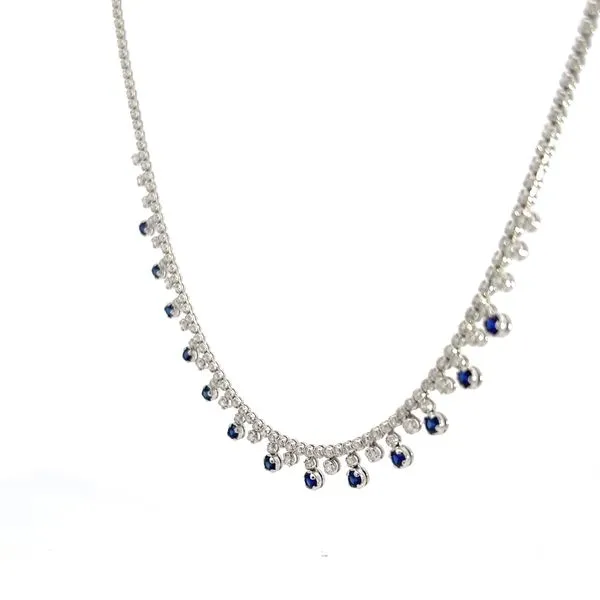 18k White Gold Diamond Tennis Necklace with Sapphire Dangles