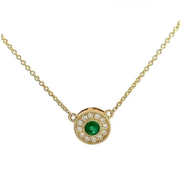 Emerald and Diamond Halo Necklace in 14K Yellow Gold Arezzo Jewelers Elmwood Park, IL