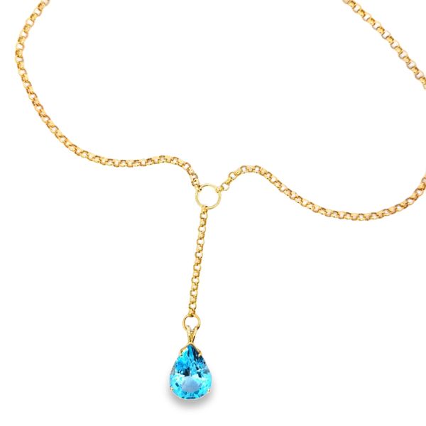 23ct Pear Blue Topaz Lariat Necklace in 14K Yellow Gold Arezzo Jewelers Elmwood Park, IL